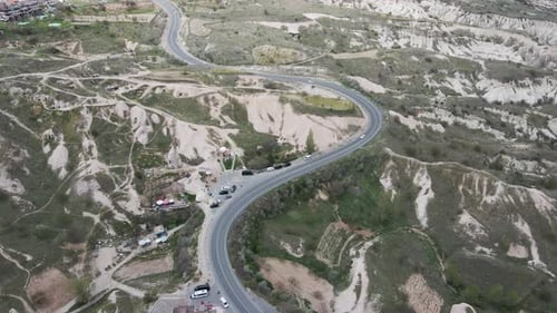 Aerial view of a serpentine road the Goreme Valley National Park, Cappadocia, Turkey.