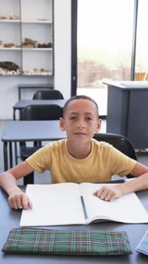 Vertical video: In school, boy raising hand while sitting at desk with open notebook