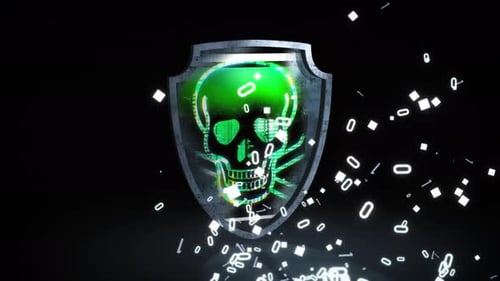 Digital firewall shield under cyber attack with floating binary particles, illustrating virus