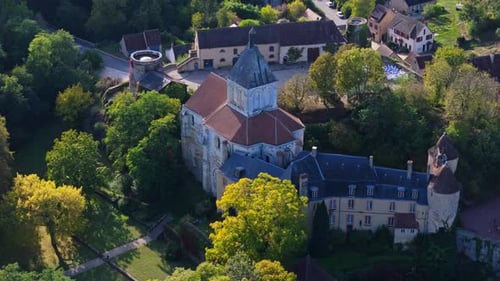 Aerial view of Gargilesse village and its castle, France.