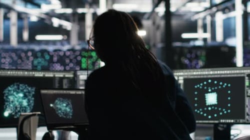 Data Center Programmer Entering Office Uses Node Tree Program