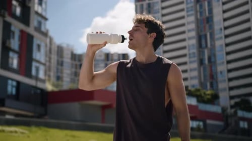 Caucasian Man Athlete Male Guy Sport Drinking Bottle Water Refresh Workout City Outside Fitness