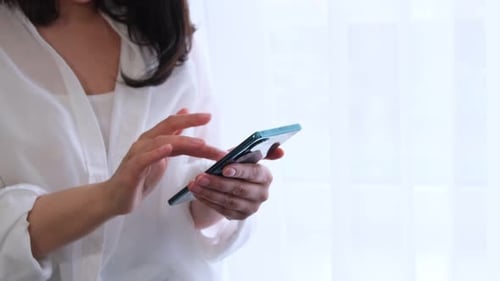 Close Up Video Woman Using Mobile Phone Lady Use of Cellphone at Home