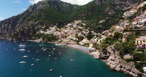 Cinematic Aerial Establishing Shot Above Positano, Amalfi Coast. Famous Italian Tourist Destination