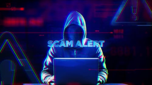 Scam Alert Warning with Hacker and Cyber Glitch Effect
