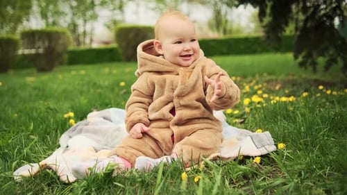 Baby in Fuzzy Suit Reaches Out While Sitting on Grass Surrounded By Flowers on a Sunny Day in a Park