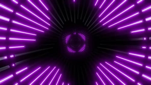 Dynamic neon tunnel with pulsating purple lights and digital pulse