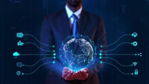 Animated Global Network and Technology Icons Display