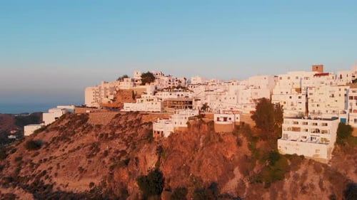 The white village Mojácar during sunset. Aerial shot.