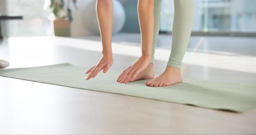 Yoga, forward bend and person stretching for healthy body, fitness and holistic wellness in home