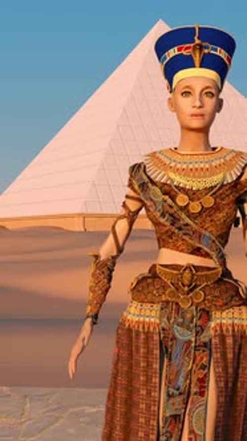 Queen Nefertiti admires the pyramids and desert views from the ancient temple, Egypt.