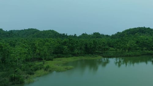 Aerial View of the Atlantic Forest Covering Mountains and Hills with a Winding Waterway Serra Do Mar