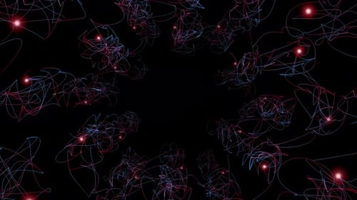 Unzählige dünne Wellenlinien erzeugen eine Bewegung mit einem Detail eines plötzlichen Blitzes einer runden Form