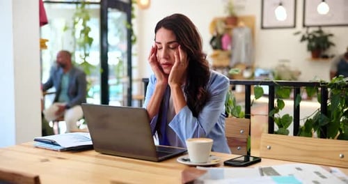 Stress, headache and business woman in cafe with migraine, overworked and burnout for work crisis