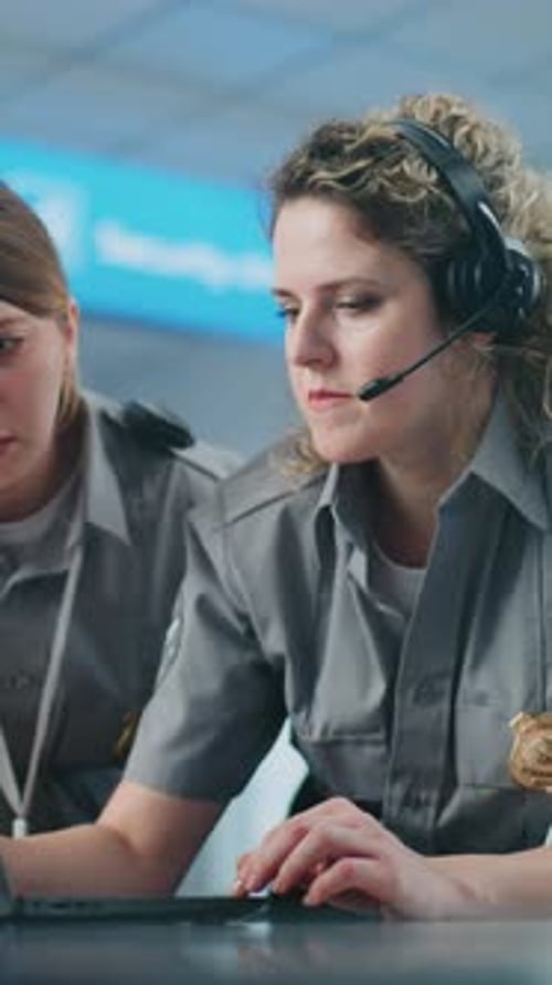 Airport Security Checkpoint Female Security Officer Wearing Headset Talks Uses Laptop with Colleague