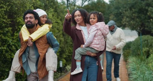 Adventure, nature and family generations walking in national park for holiday, getaway or journey