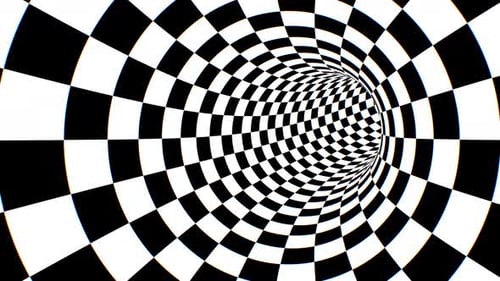 Inside Black And White Circular Checkerboard Optical Illusion Tunnel - 4K