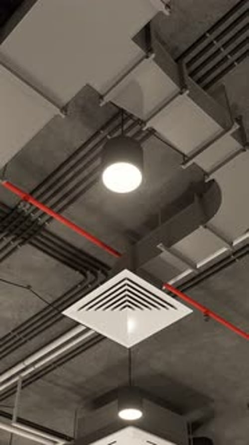 Modern Industrial Ceiling with Ventilation System and Lights Loop