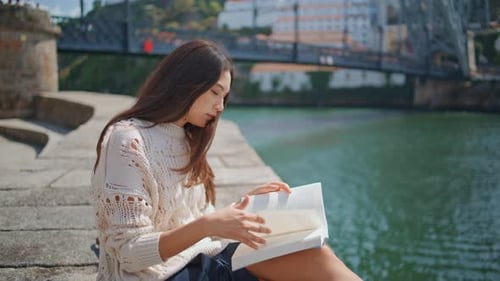 Latina Lady Reading Book Sitting River Embankment Brunette Holding Literature