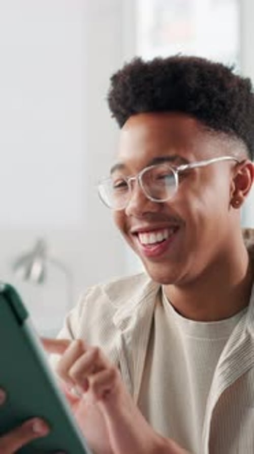 Digital marketing, scroll or happy man with tablet in creative agency, project management