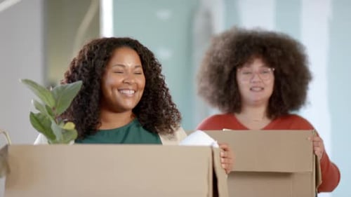 Casual biracial businesswomen carrying boxes moving into office, slow motion with copy space