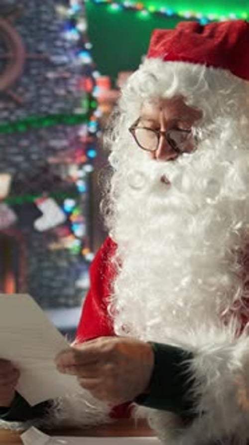 Santa Claus Reading Christmas Letter at His Desk