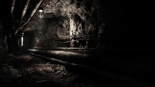 Exploring a Dark Underground Bunker with Exposed Pipes and Rocky Walls
