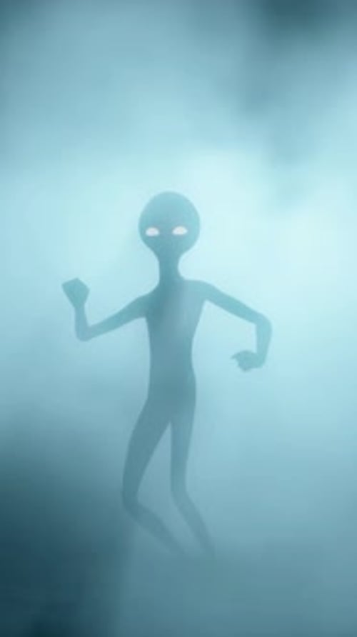 Animated Alien Dancing Silhouette with Glowing Eyes in Fog