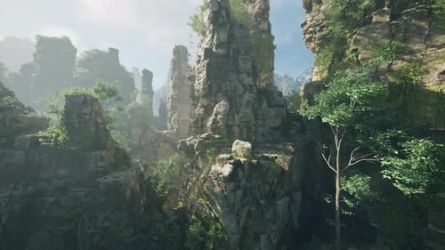 A Scenic Rocky Landscape with Trees and Rocks in the Foreground in China