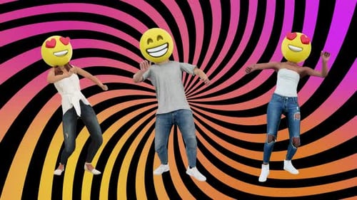 3D Emojis Dancing on Psychedelic Swirl Background