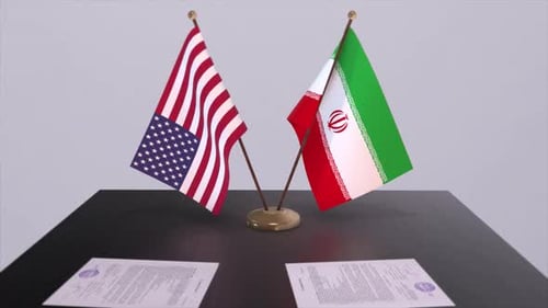Iran and USA at the negotiating table, a diplomatic deal. Business and politics animation
