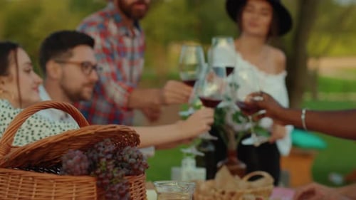Friends Raise Wine Glasses in Outdoor Celebration