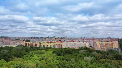 View from the drone at the new construction of modern tower building.