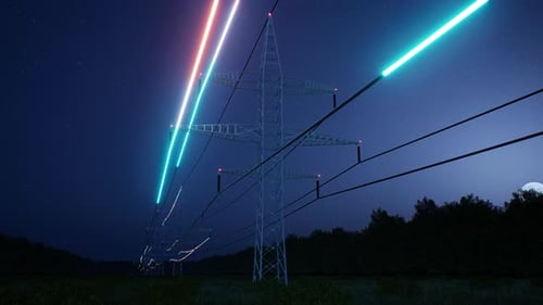 Futuristic Power Lines: Energy Transmission Animation at Night