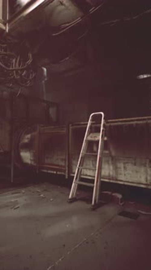 Inside a Forgotten Structure a Weathered Metal Ladder Stands Against a Wall