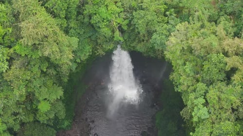 Emerald Jungle Waterfall Plunging Into Circular Pool Bali Indonesia Rainforest