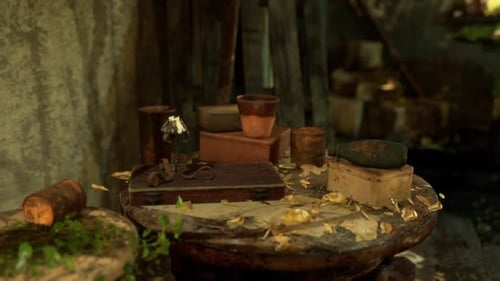 Various Aged Containers and Tools on a Wooden Table in a Rustic Setting