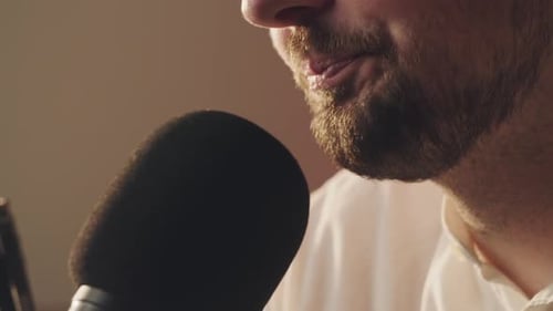 Podcast Recording Close Up Shot Bearded Guy Saying to Microphone in His Private Audio Studio