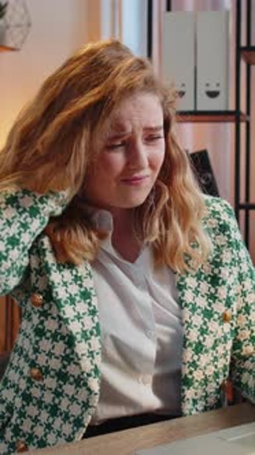 Business Woman Suffers From Spine Neck Muscle Pain at Home Office Workplace Working on Laptop