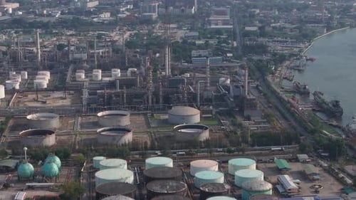 Aerial view of a large oil refinery and petroleum storage terminal in operation