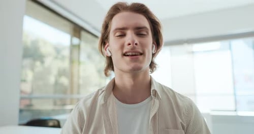 Video call, discussion and portrait of man in office for online conference, webinar and meeting