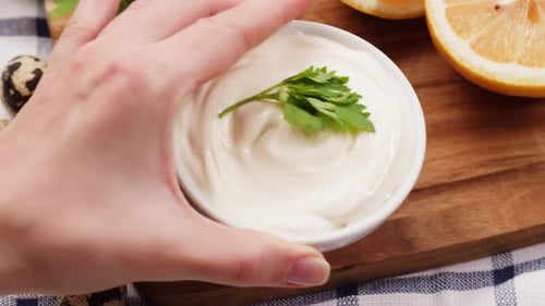 Pouring Mayo White Creamy Sauce Closeup in Cafe Restaurant Cooking Fast Food Fries with Mayonaise
