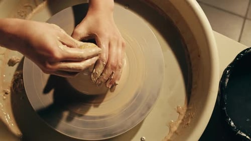 Woman Potter Works with Clay on Master Class in Studio Working Process in Ceramic Workshop Potter
