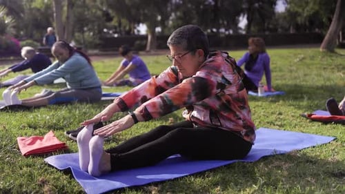 Senior sport people exercising during yoga workout class outdoor at park city - Fitness joyful