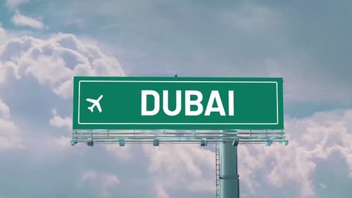 Airplane Arriving To Dubai Road Sign