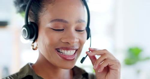 Crm, call center or friendly black woman speaking, helping or talking in communications company