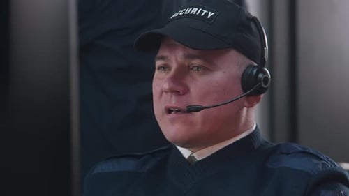 Focused Security Guard Communicating via Walkie-Talkie