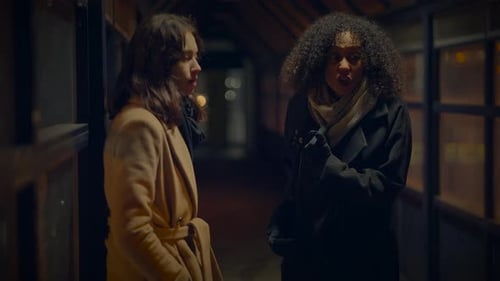 Two Women Talking at Bus Stop at Night