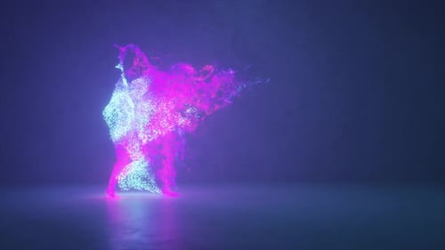 Captivating 3D Rendering of a Human Figure Dancing Composed of Glowing Particles in Vibrant Pink and