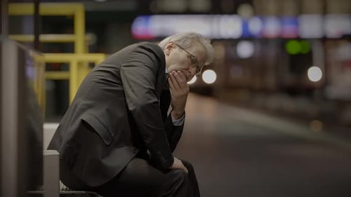 Lonely Old Business Man Worried About Future Life Anxious Waiting